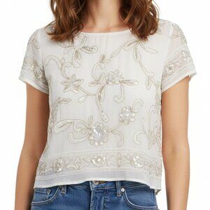 Womens Beaded Sequin Top White Floral Embellished Glam Evening Party T Shirt S